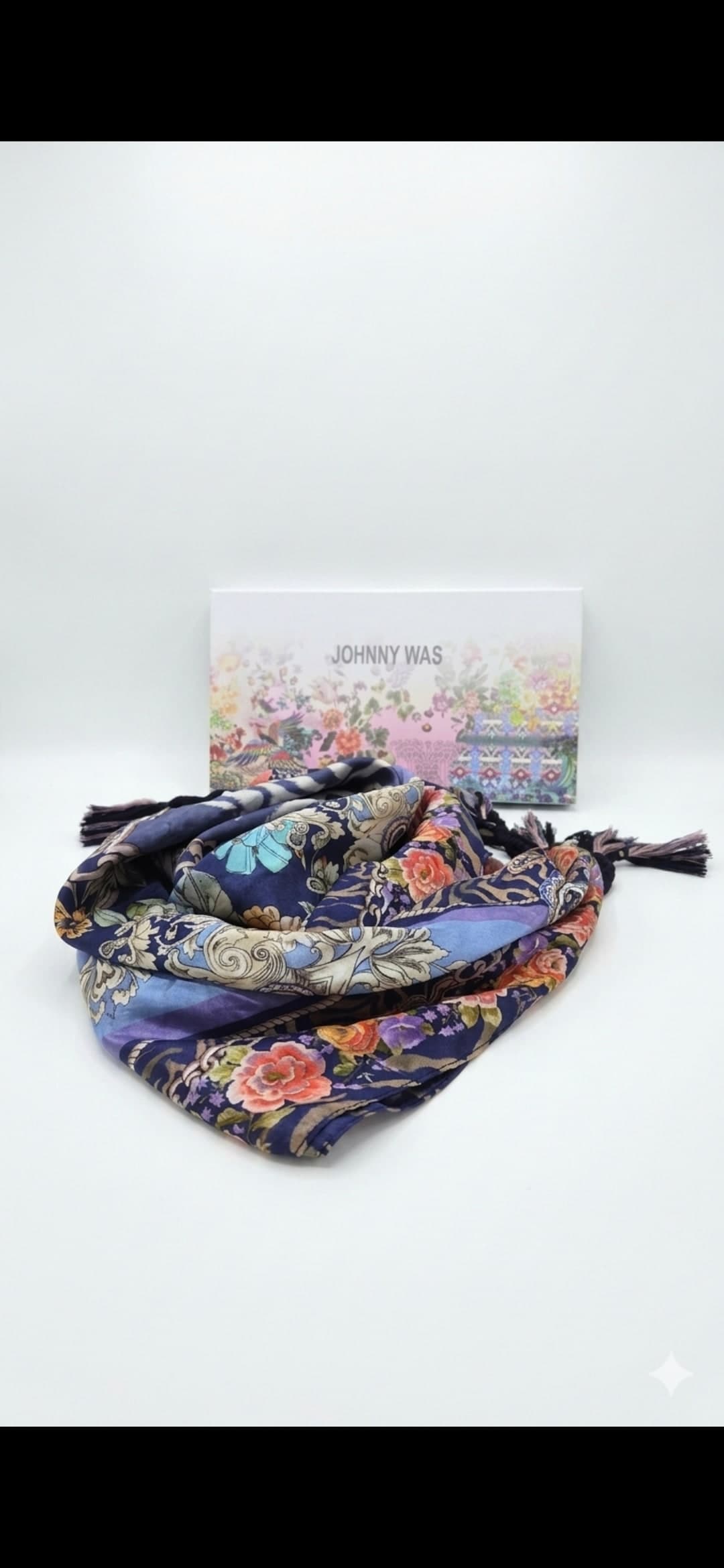 شال ووشاح Johnny Was حرير بنقشة ورود بوهيمية زرقاء