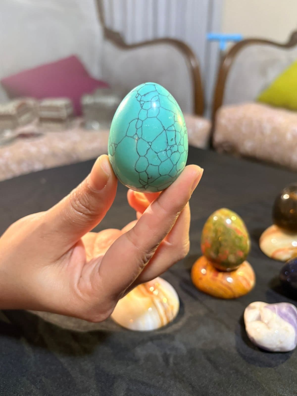 Turquoise Stone Egg, Blue-Green with Black Matrix Veins