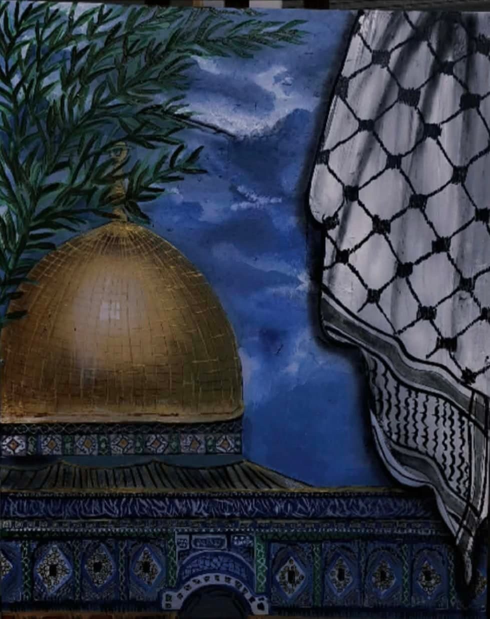 لوحة أكريليك لقبة الصخرة موشحة بالكوفية وغصن الزيتون