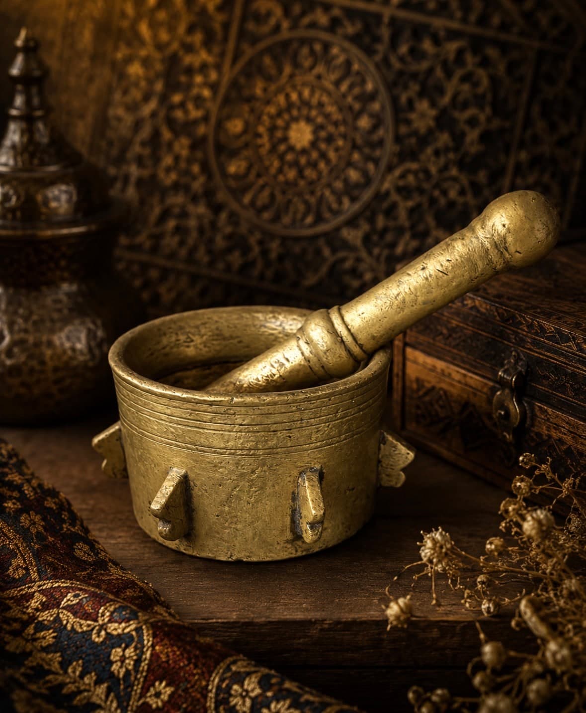 هاون عثماني أنتيك من النحاس الثقيل مع المدق بطابع تراثي شرقي